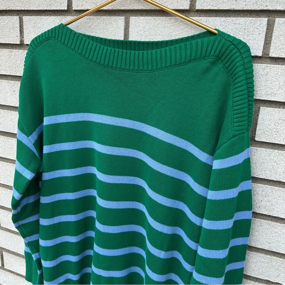 NWT LOFT Striped Drop Shoulder Boatneck Sweater Kelly Green Light Blue - Picture 5 of 13